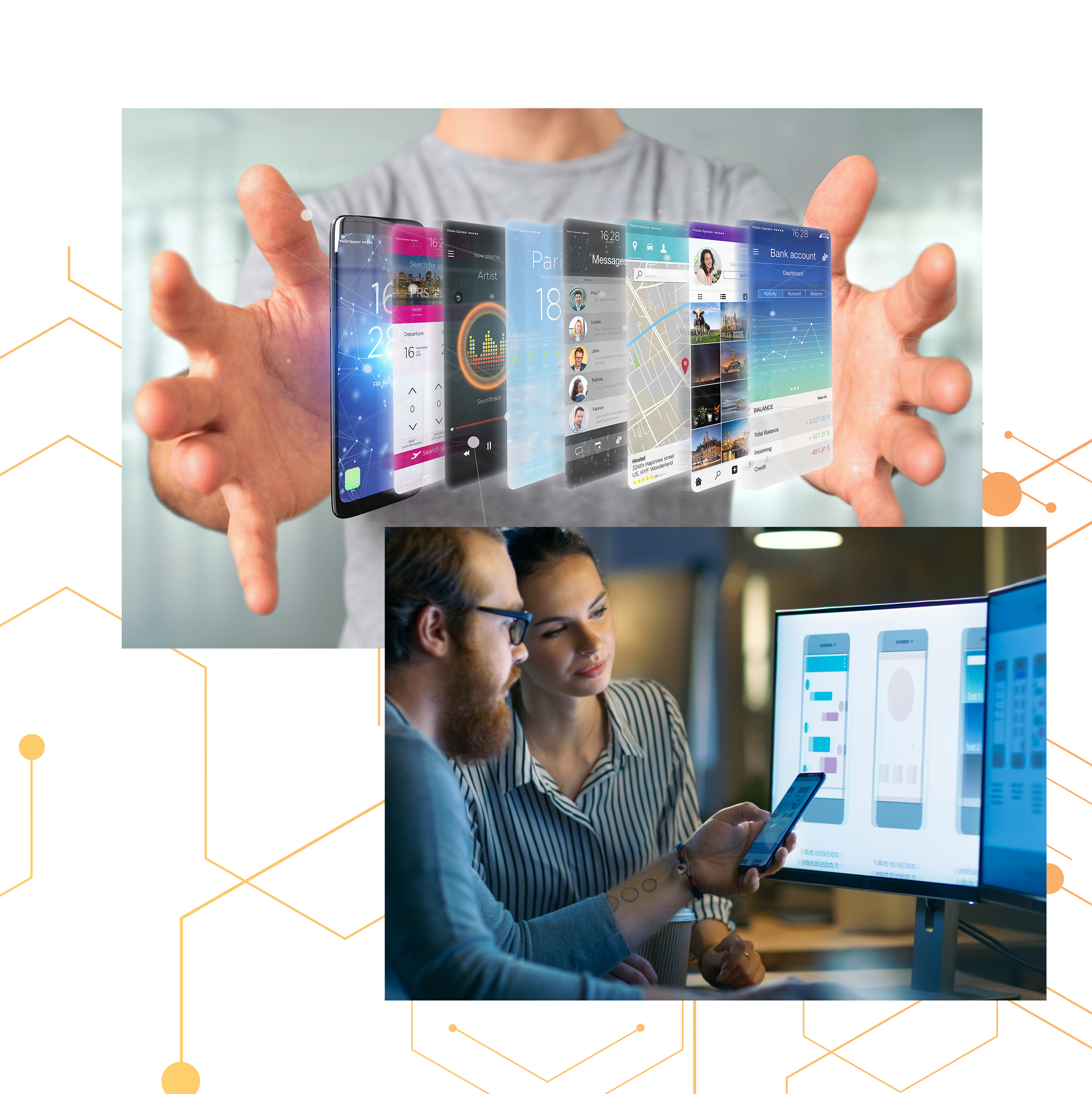 View of a Businessman holding 3d rendering app template on a smartphone